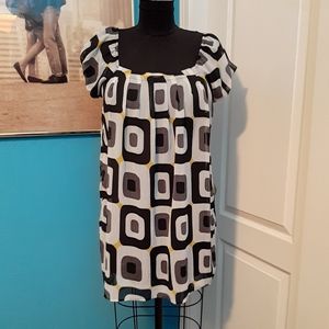 EUC Retro 60's Black/ White/ Yellow Geometric Print Mini Dress: Size L